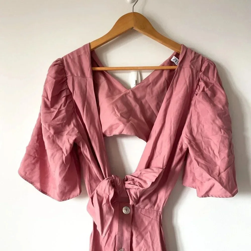 Zara Tie Bow Front Cut Out Midi Dress Light Pink NWT Size XL - Picture 6 of 10